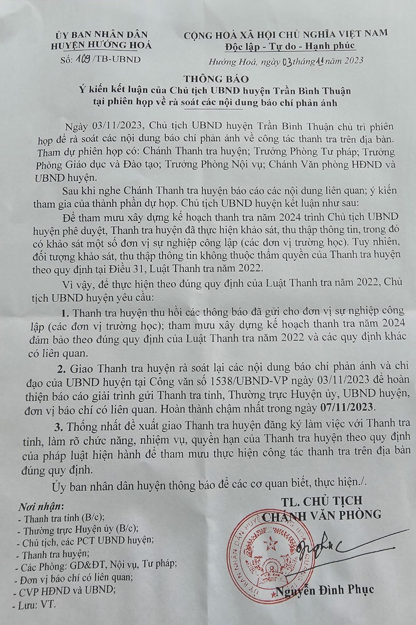 Hồi âm bài báo “Thông báo khảo sát của Thanh tra huyện Hướng Hóa: Hiểu sai luật hay cố tình vi phạm quy định (!?)”: Thu hồi các thông báo khảo sát ở đơn vị sự nghiệp của Thanh tra huyện